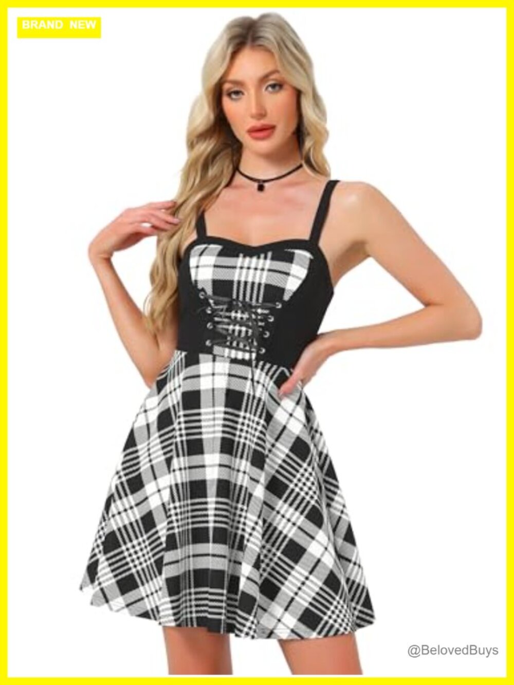 Plaid Lace Up Mini Dress Sweetheart Neck Sleeveless Fit and Flare